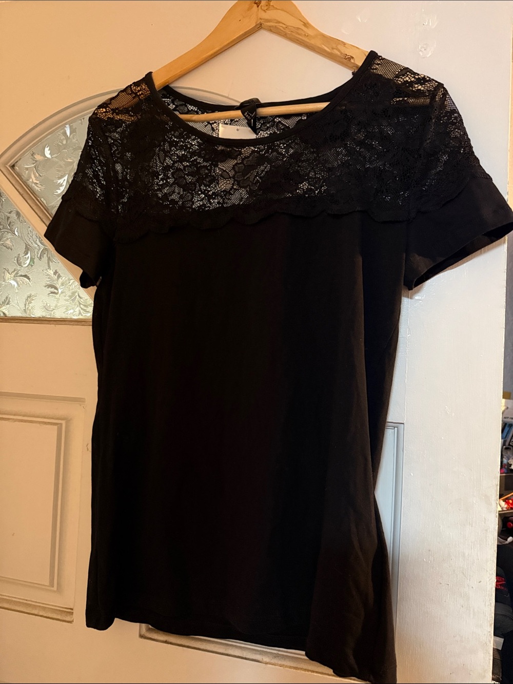 H&M Black Lace Yoke Short Sleeve Top